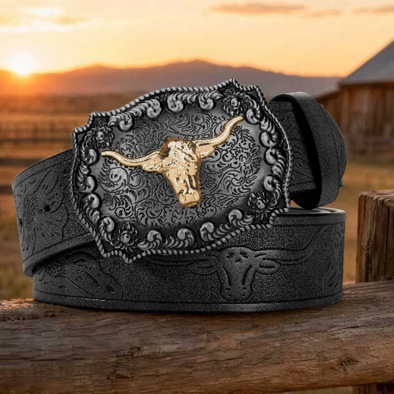Ceinture de cowboy occidentale pour homme 2026 - Ceinture en PU noir élégante et stylée avec motif gaufré et boucle en alliage tendance