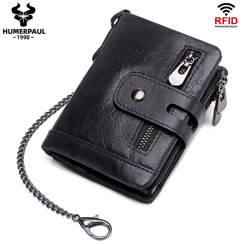 LAREET 100% portefeuille en cuir véritable avec peau de vache pour hommes porte-carte d'argent sac à main RFID court Double fermeture éclair poche à monnaie mâle à deux volets