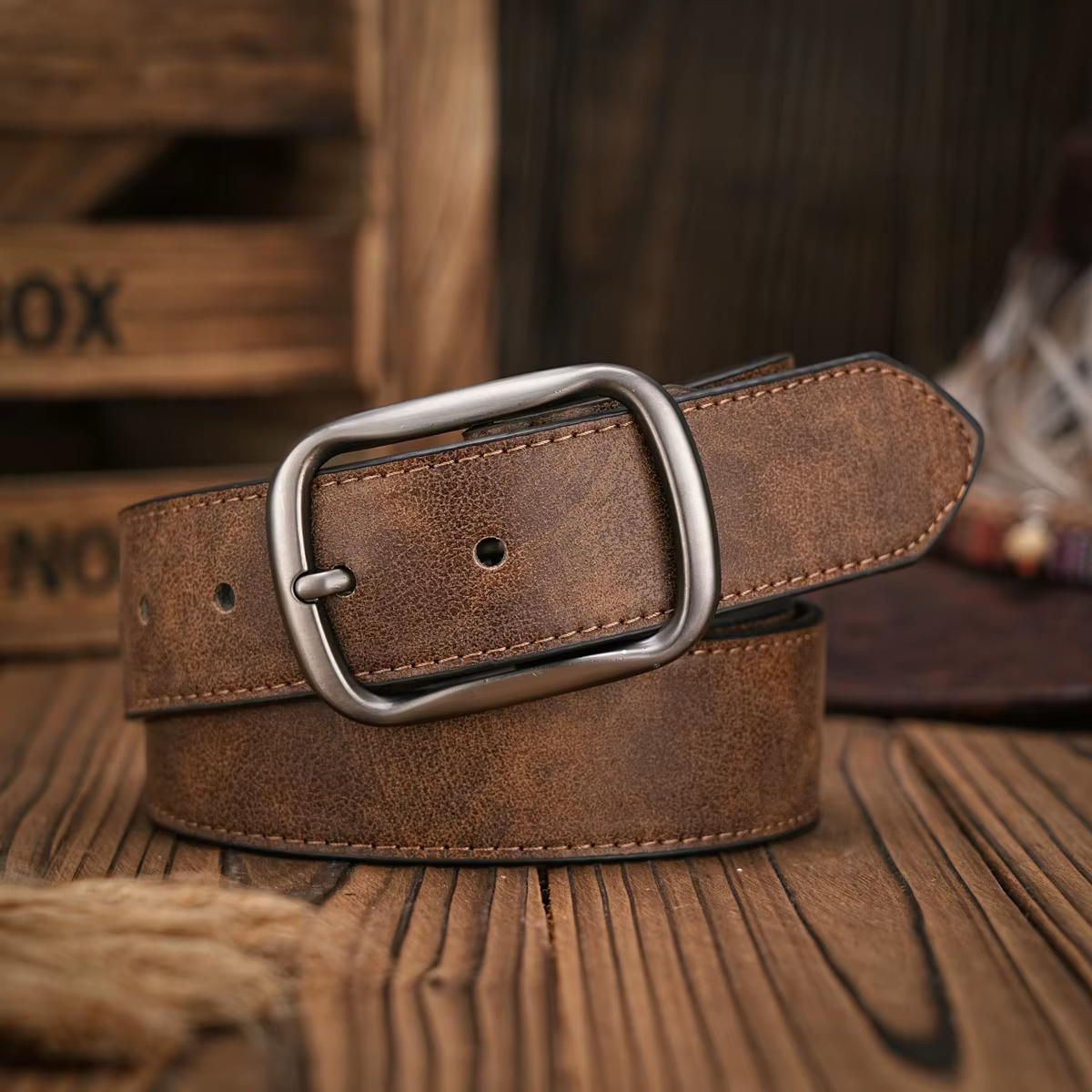 Hommes - Femmes - Western Denim - cuir pu - Ceinture - Jeans vintage avec boucle sculptée ceinture marron