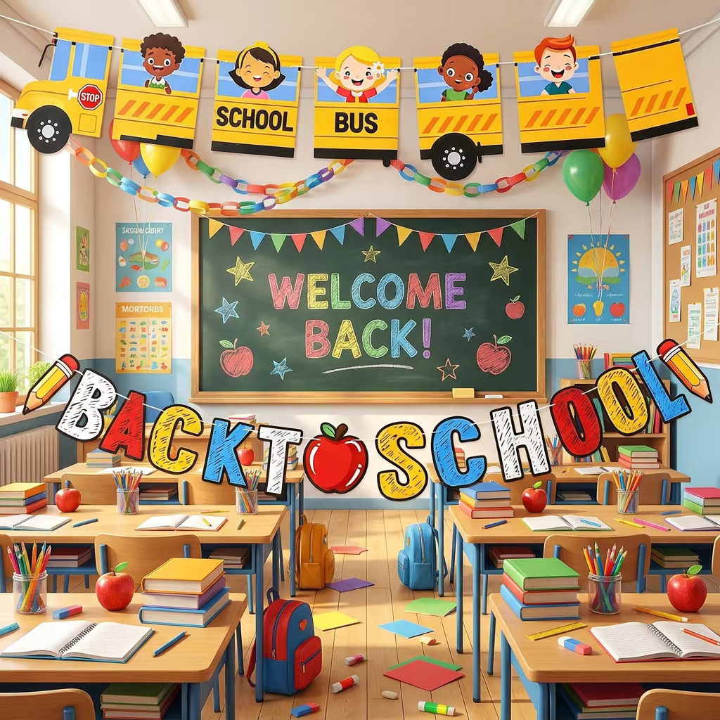 Décoration de classe pour la rentrée scolaire - Panneau « Premier jour d'école » avec bannière bus scolaire, crayon pomme, décoration de remise de diplôme de maternelle