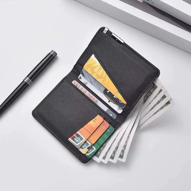 Petit portefeuille fin de style professionnel - Plusieurs emplacements pour cartes, porte-cartes de crédit et permis de conduire, géométrique en similicuir noir