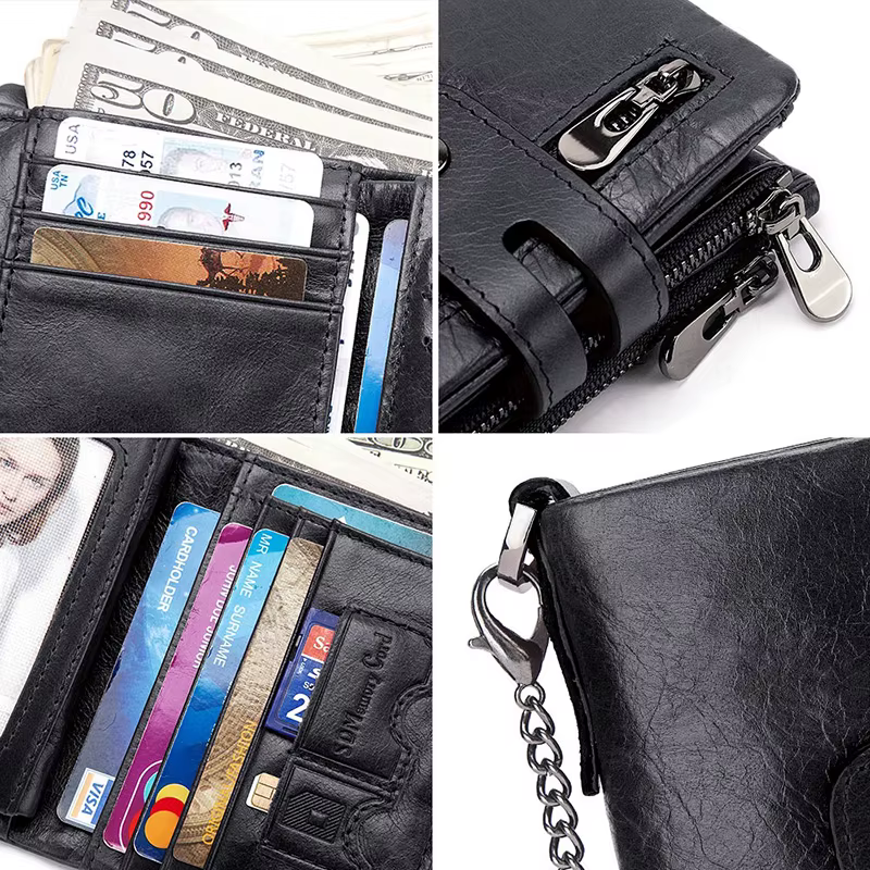 KAVIS portefeuille en cuir véritable pour hommes RFID blocage porte-carte sac à main court Double fermeture éclair monnaie poche mâle à deux volets chaîne Billetera