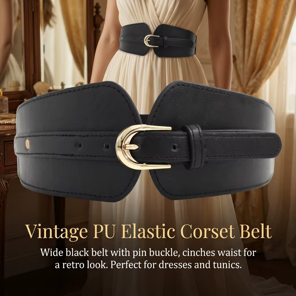Ceinture large en PU pour femme, ceinture élastique avec boucle décorative pour un style rétro