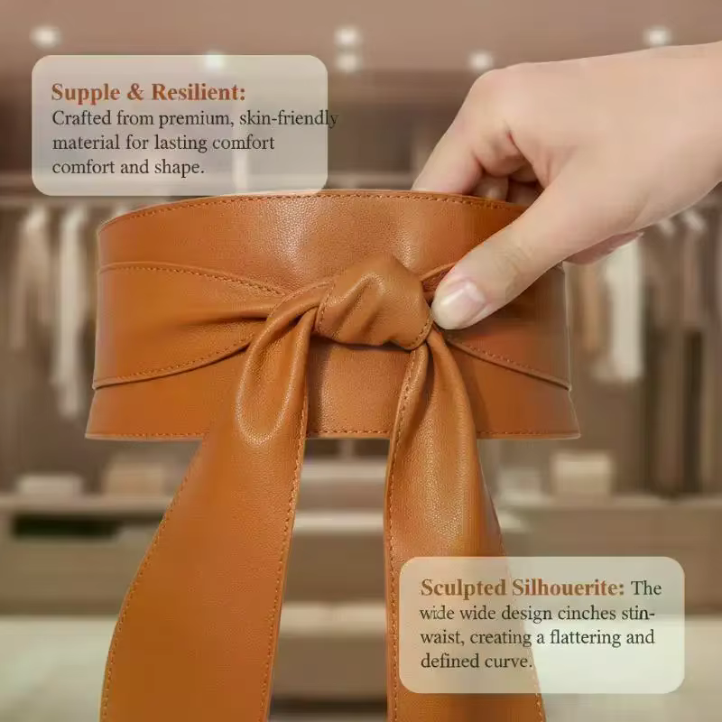 Ceinture large en cuir PU marron, blanc et noir, avec nœud, confortable, idéale pour les robes, tenues décontractées et de soirée