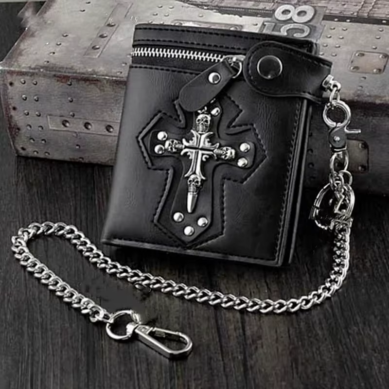 Portefeuille en cuir PU pour hommes pliable Rivet rétro Biker