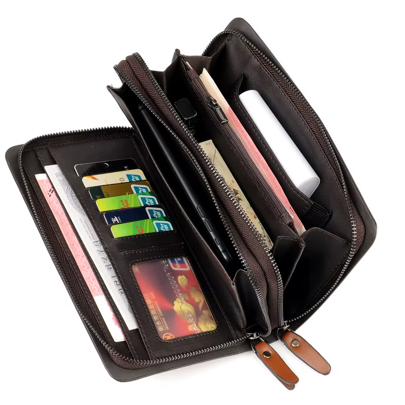Marque de luxe hommes portefeuilles avec poche à monnaie Double fermeture éclair mâle portefeuille long grand