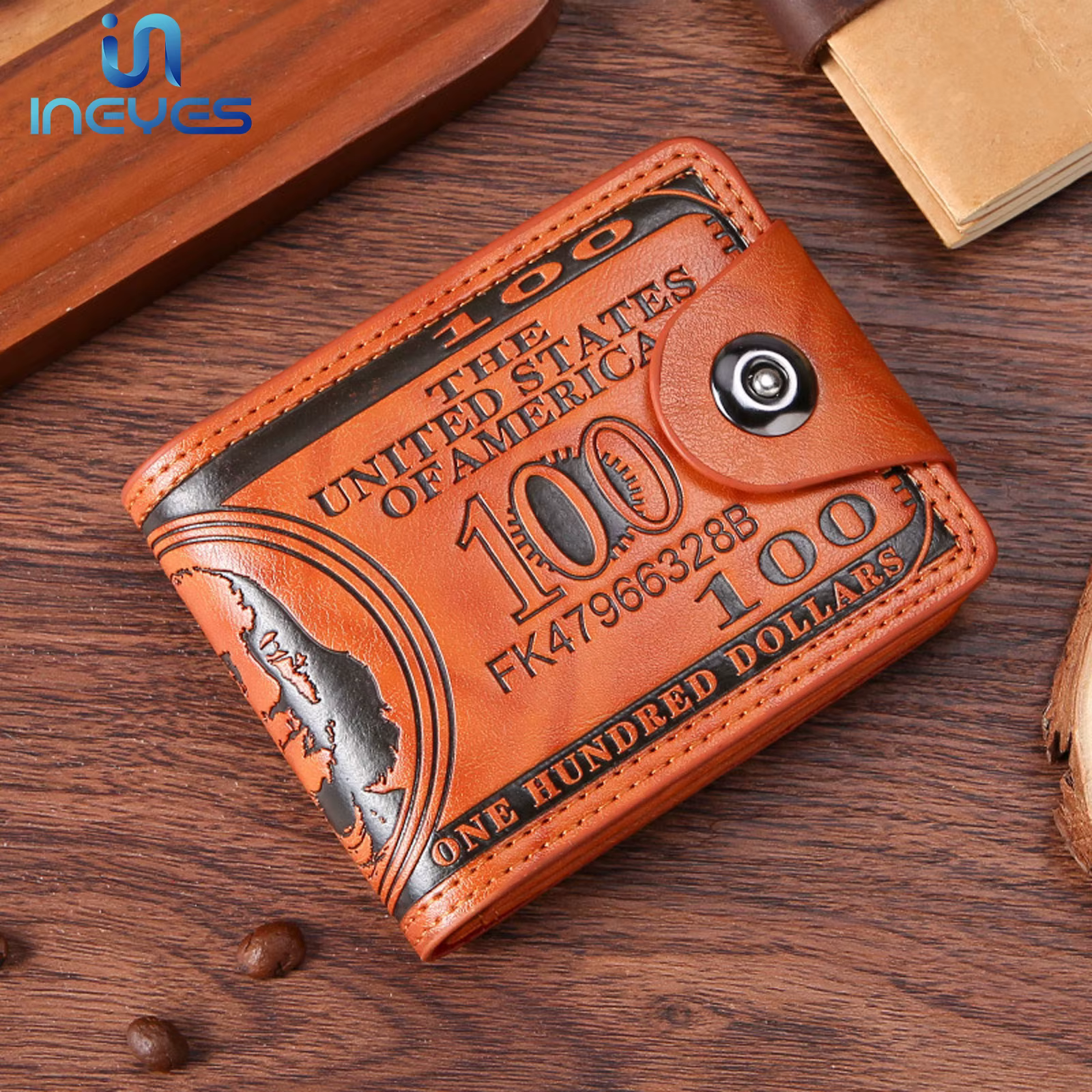 INEYES portefeuille de mode pour hommes conception de facture de dollars en cuir PU mince à deux volets avec fermeture magnétique et fenêtre d'identification poche avant porte-monnaie
