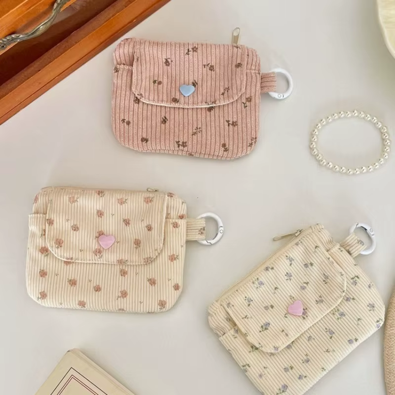 Sac à cartes imprimé en velours côtelé, porte-monnaie à fermeture éclair avec porte-clés, mignon pour enfants, petit portefeuille à fermeture éclair, porte-carte de crédit, sac d'identité