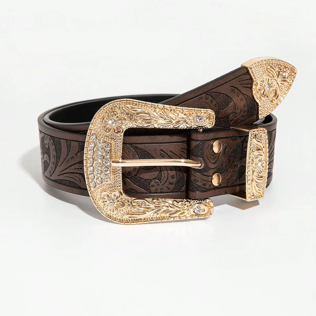 Ceinture marron vintage sculptée de style occidental pour femme