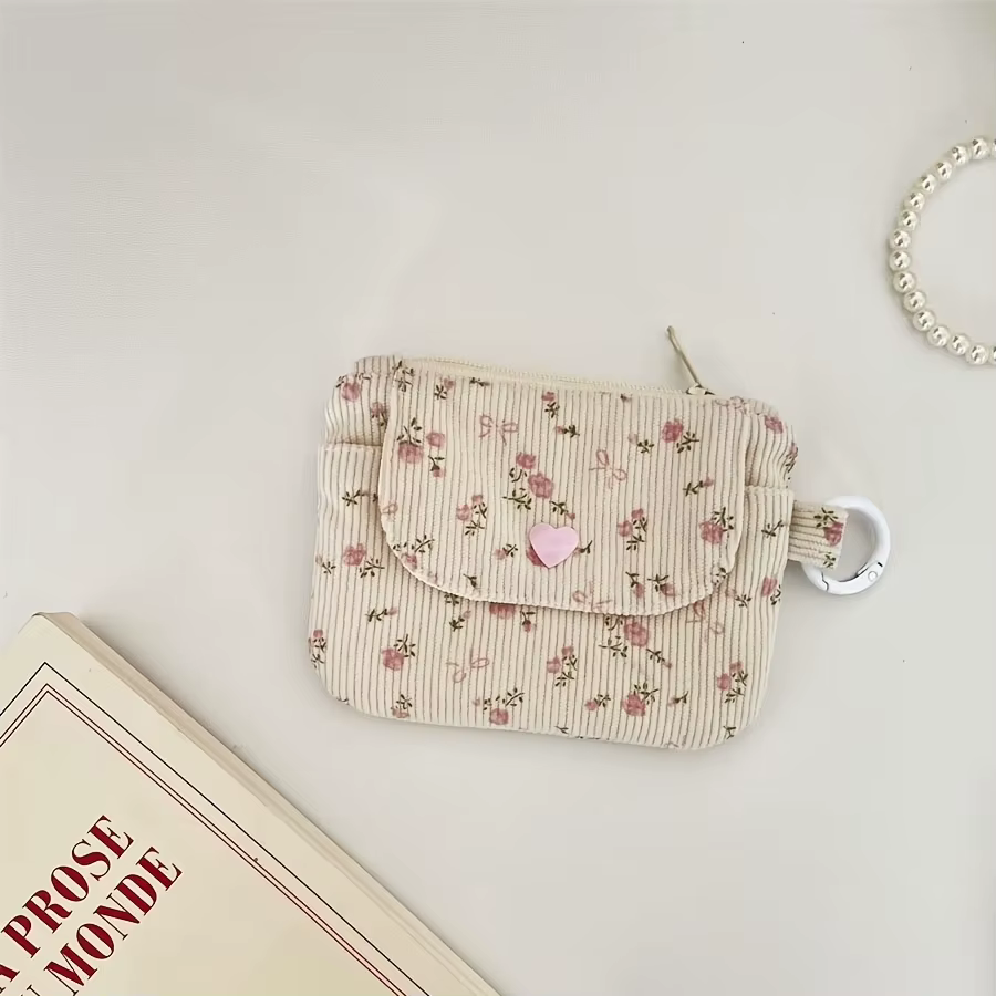 Sac de rangement pour pièces de monnaie en velours côtelé, portefeuille pour femme, porte-cartes à fermeture éclair, sac pour cartes bancaires et papiers d'identité, sac à maquillage pour rouge à lèvr