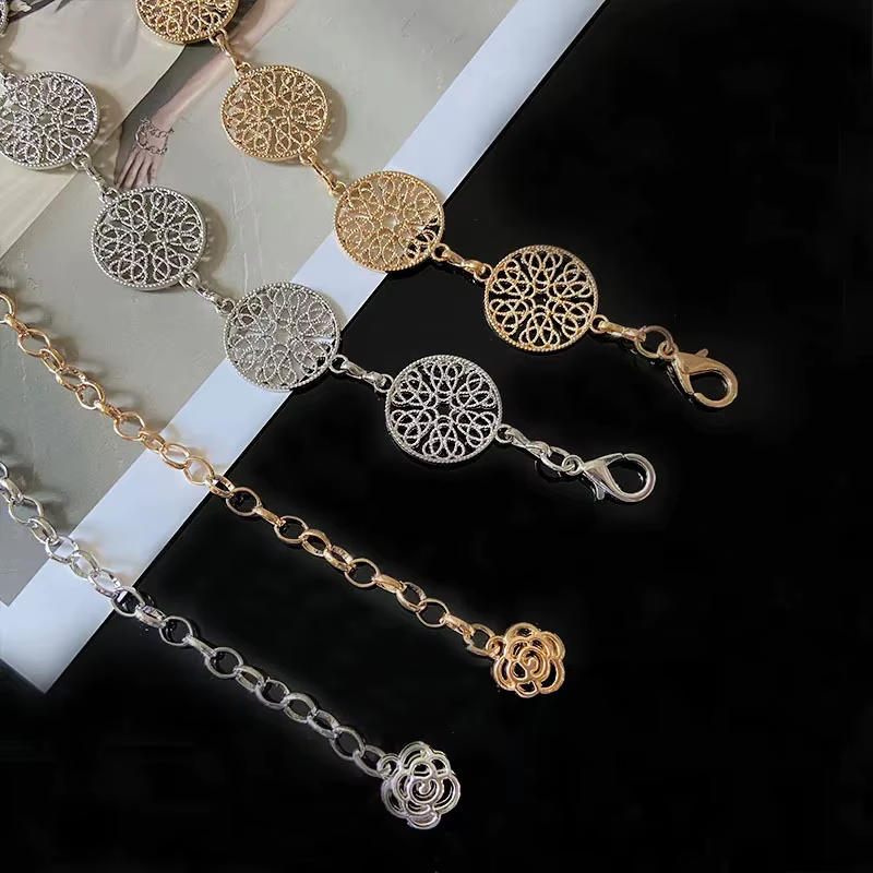 Ceinture ronde en métal pour femmes, élégante, rétro, or, argent, sculpté, chaîne ajourée, longues, robe à la mode, ceinture décorative pour dames