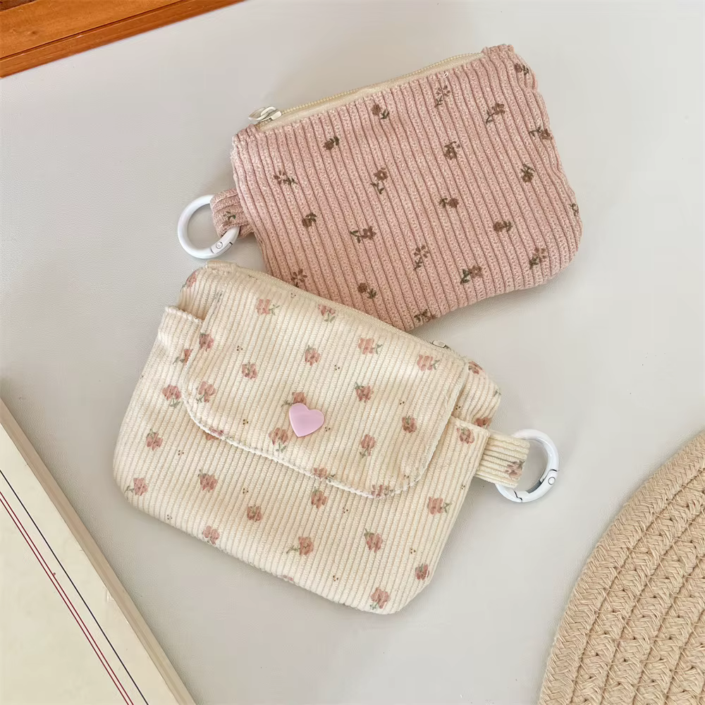 Porte-monnaie en velours côtelé imprimé avec fermeture éclair et porte-clés, petit portefeuille mignon pour enfants, porte-cartes de crédit avec fermeture éclair, porte-carte d'identité, sac à cartes