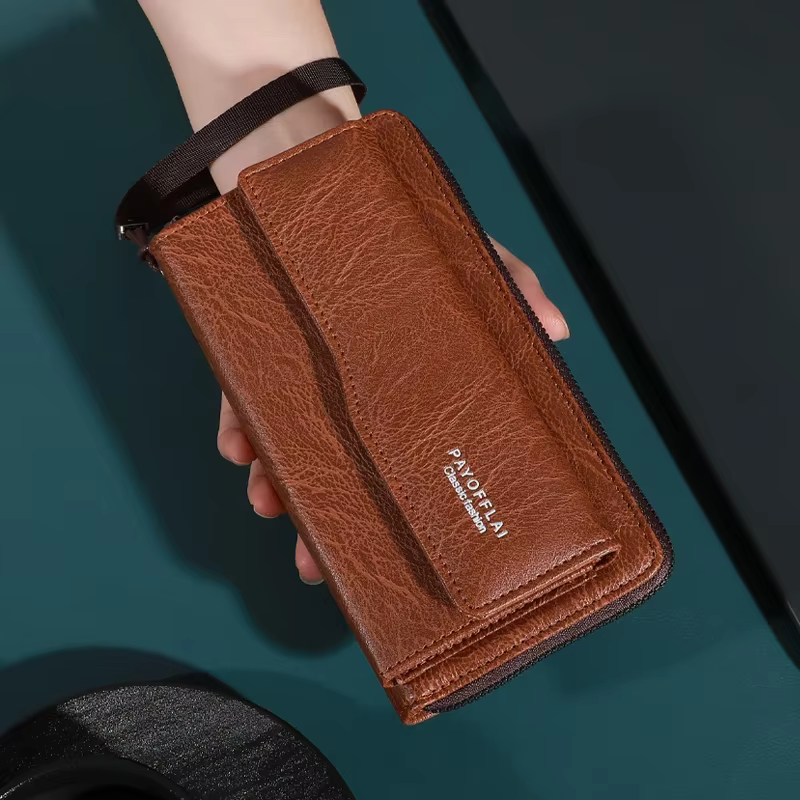 Portefeuille vintage en cuir PU de couleur unie avec bracelet