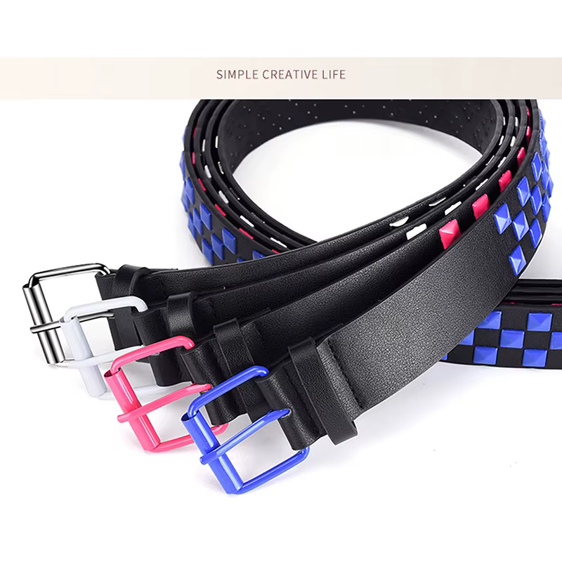 Ceinture punk unisexe en cuir PU 107CM avec rivets : style à carreaux droit de la scène hip-hop
