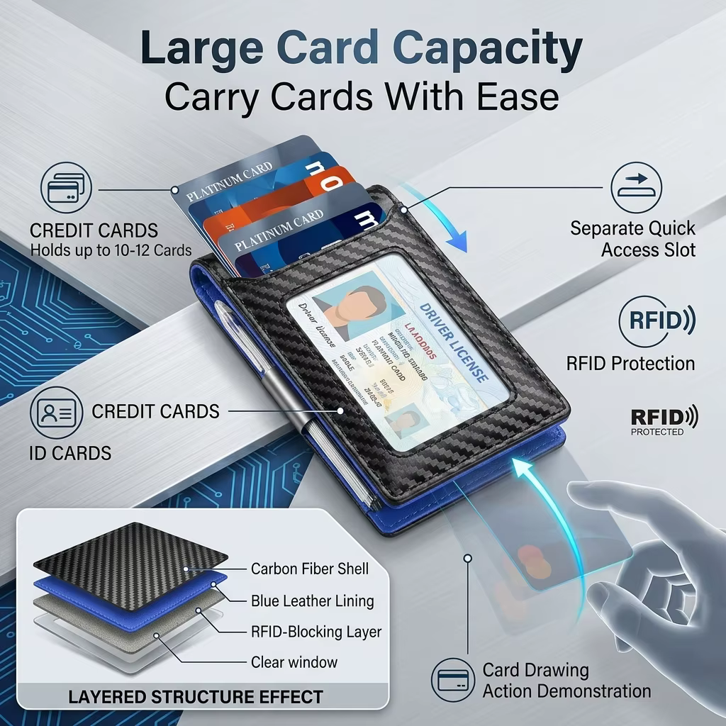Portefeuille fin en fibre de carbone pour homme, blocage RFID, porte-cartes minimaliste, pince à billets en métal, portefeuille fin à double pli