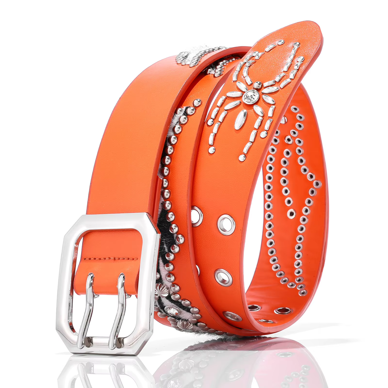 Ceinture en cuir orange avec strass pour femme