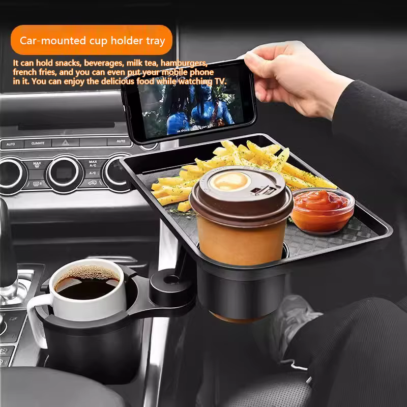 Plateau porte-gobelet de voiture avec double porte-gobelet, table à manger, plateau de nourriture pour voiture, porte-boisson portable et réglable