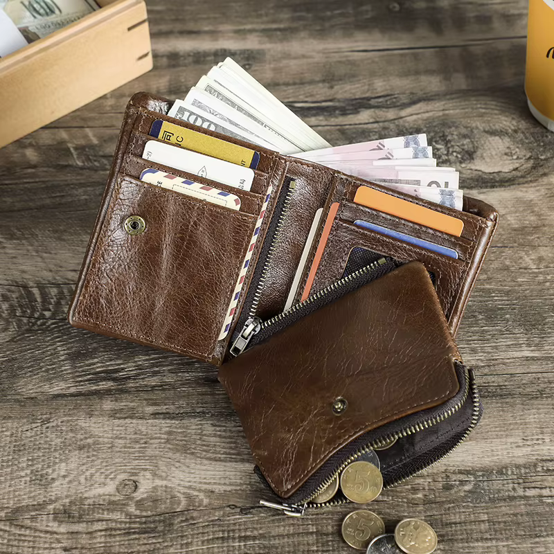 CONTATC'S-Portefeuille court en cuir véritable pour homme, portefeuille à deux volets RFID, porte-cartes de crédit, fermeture éclair de luxe, petit porte-monnaie masculin, nouveau