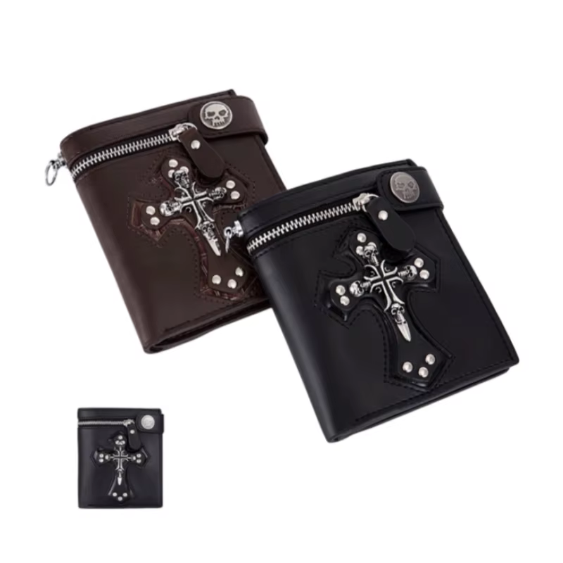 Portefeuille en cuir PU pour hommes pliable Rivet rétro Biker