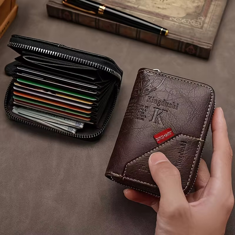Porte-cartes fin vintage avec blocage RFID - Portefeuille en cuir PU avec fermeture éclair