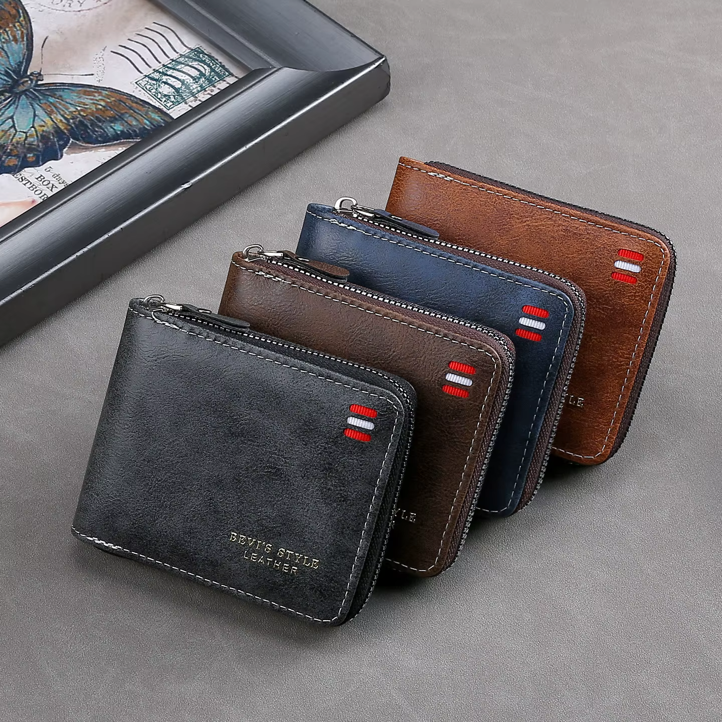 Portefeuille court vintage pour hommes – Porte-monnaie à trois volets avec fermeture éclair, sac d'argent avec chaîne de taille à boucle décontractée, portefeuille zéro pour étudiants et cadeau pour p