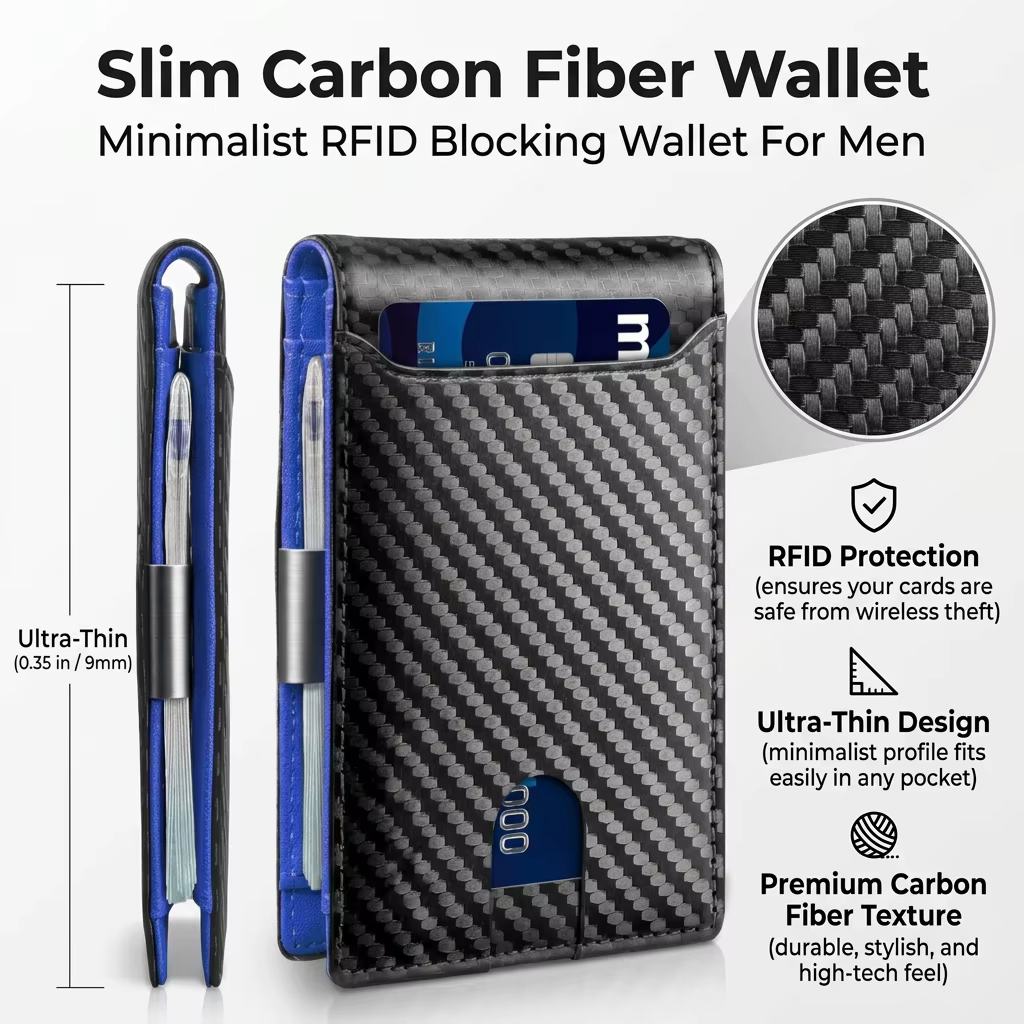 Portefeuille fin en fibre de carbone pour homme, blocage RFID, porte-cartes minimaliste, pince à billets en métal, portefeuille fin à double pli