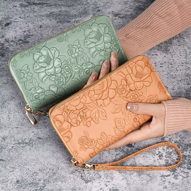 Portefeuille long pour femme en cuir gaufré floral - Porte-carte de crédit avec fente pour téléphone