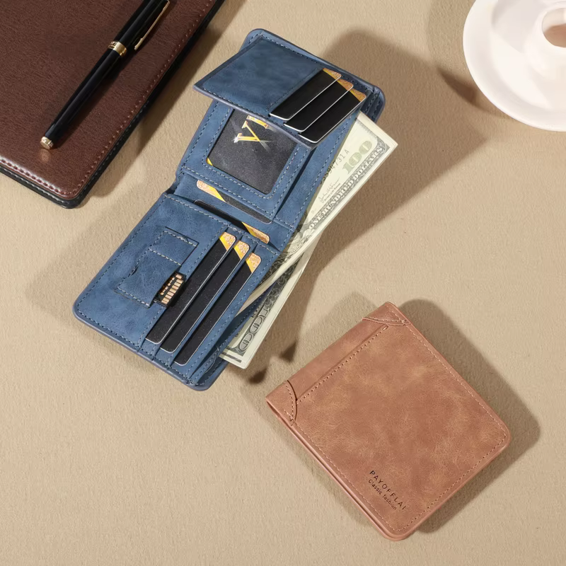 Portefeuille vintage en cuir mat pour hommes – Café à trois volets avec fentes multi-cartes