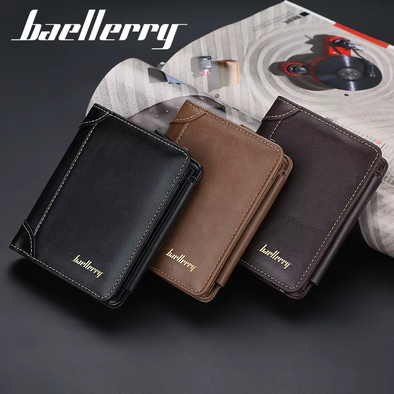 Portefeuille pour homme Baellerry en cuir PU avec fermeture éclair de haute qualité, porte-monnaie vintage, design court, porte-cartes, sac à main pour homme