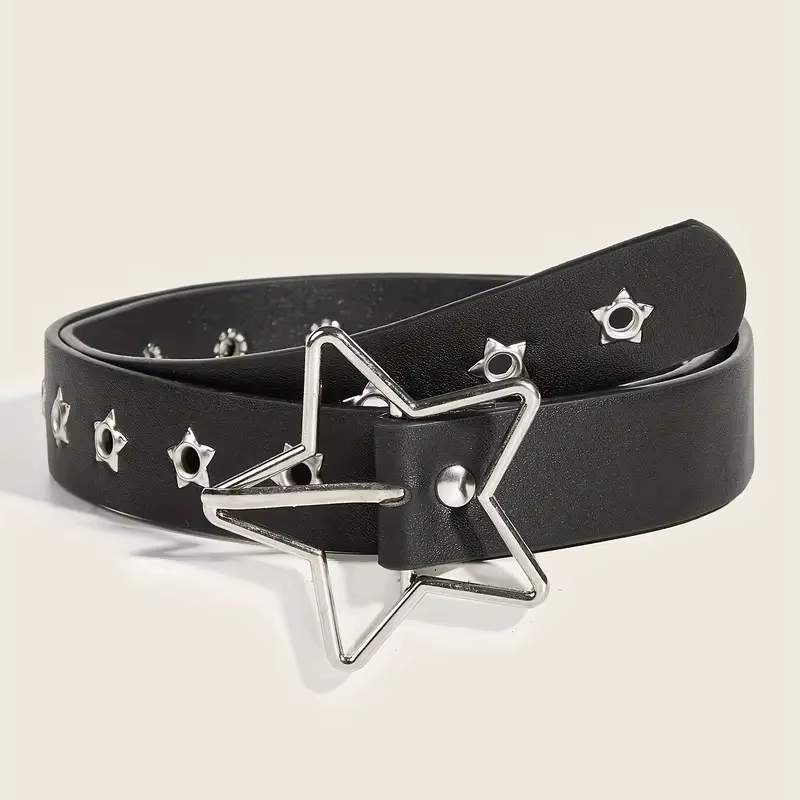 Ceinture Y2K Punk Star en cuir PU noir à rivets et œillets, style Goth, pour femmes, jeans, pantalons, garçons et filles, étudiants