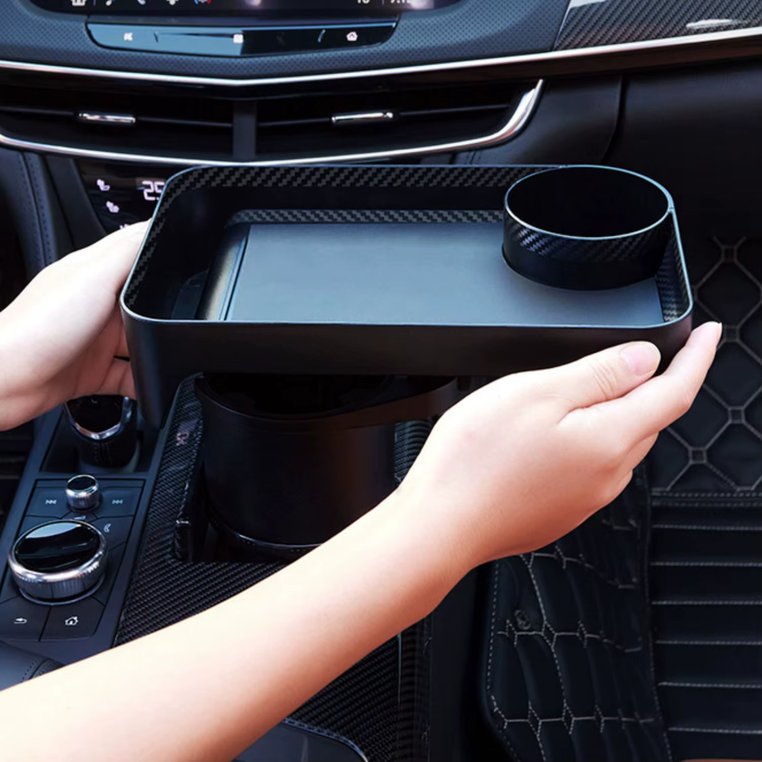 Plateau porte-gobelet de voiture avec plateau extensible rotatif – Pratique pour à emporter, clés, téléphone – Parfait pour les repas rapides en déplacement