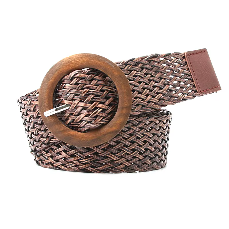 Ceinture de taille tressée noir café femme ceinture Vintage Boho ronde en bois boucle lisse fausse paille larges ceintures sangle de taille pour les femmes