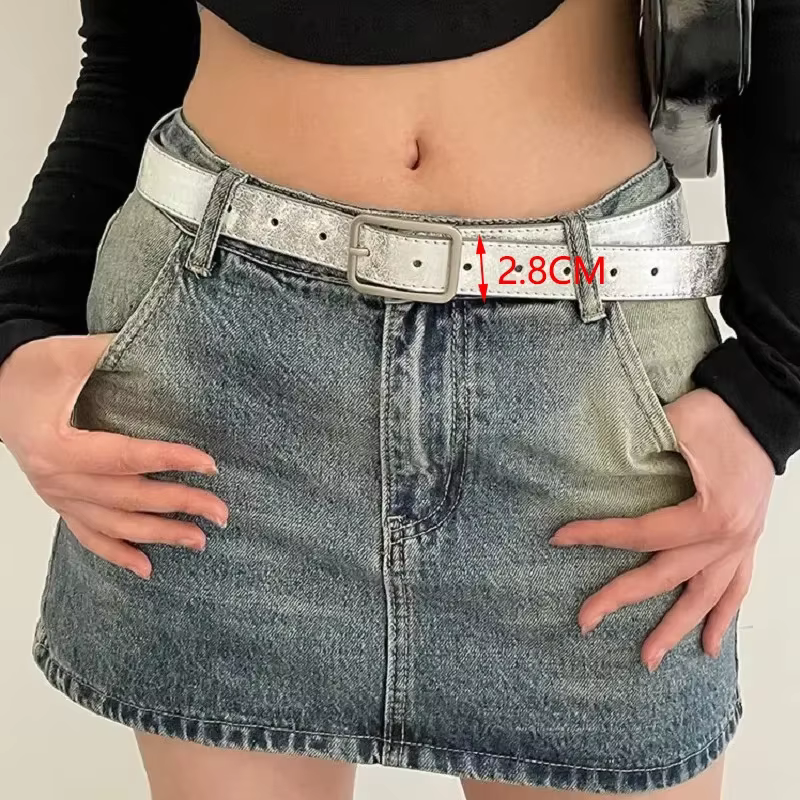 Femmes pantalons ceinture en cuir PU argent