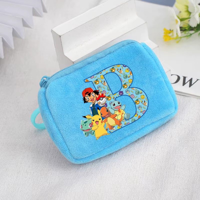 Porte-monnaie pour enfants avec des personnages de dessins animés Pokémon, sac à monnaie Pikachu avec lettres A-Z, mini portefeuille portable pour filles et garçons, pochette à fermeture éclair pour c