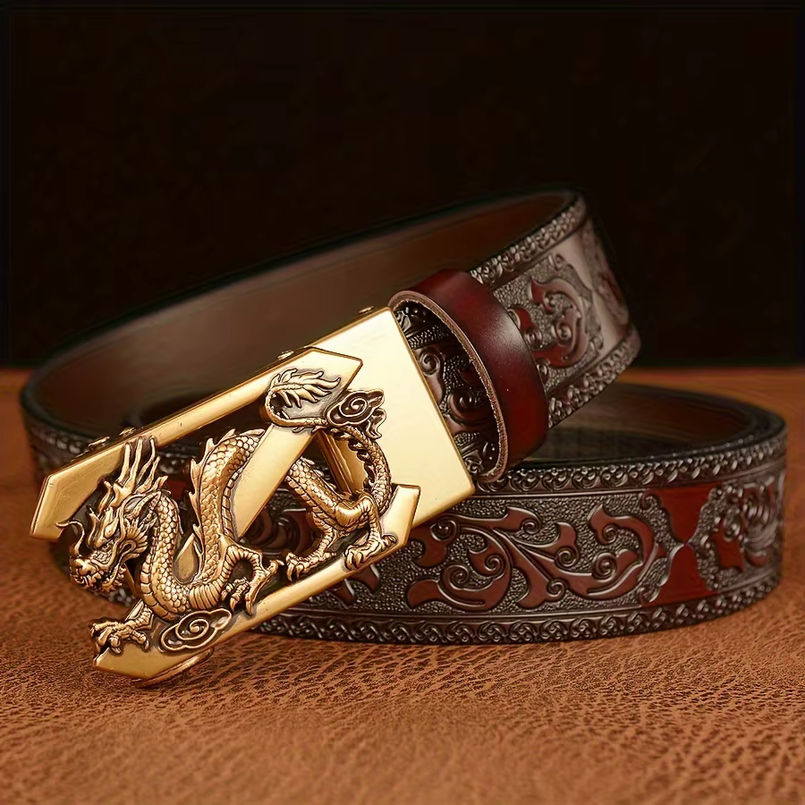Ceinture à boucle automatique Vintage pour hommes en cuir véritable avec Dragon doré et motif en relief Floral ceinture décontractée noire pour jean