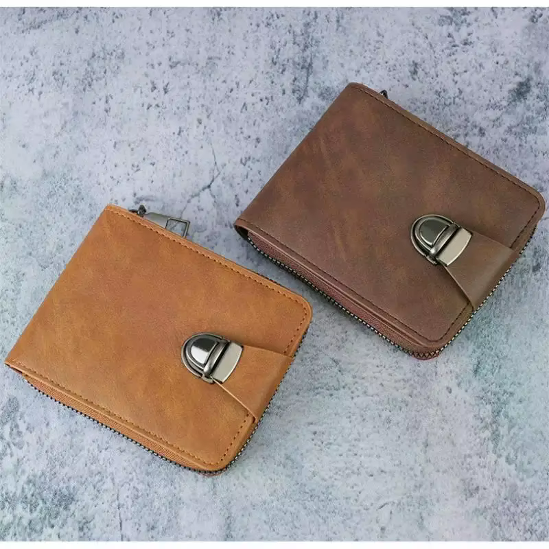 Portefeuille rétro en cuir PU à double pliage, boucle métallique de sécurité anti-perte, emplacements pour plusieurs cartes, pour les déplacements quotidiens et les voyages