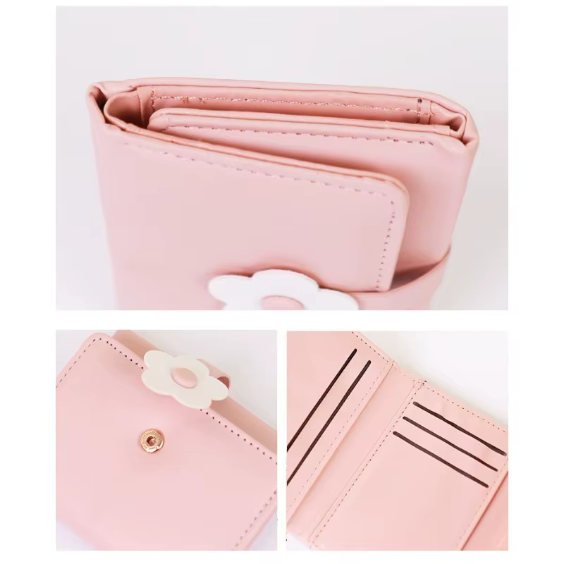 Portefeuille compact à trois volets pour femme avec imprimé floral délicat