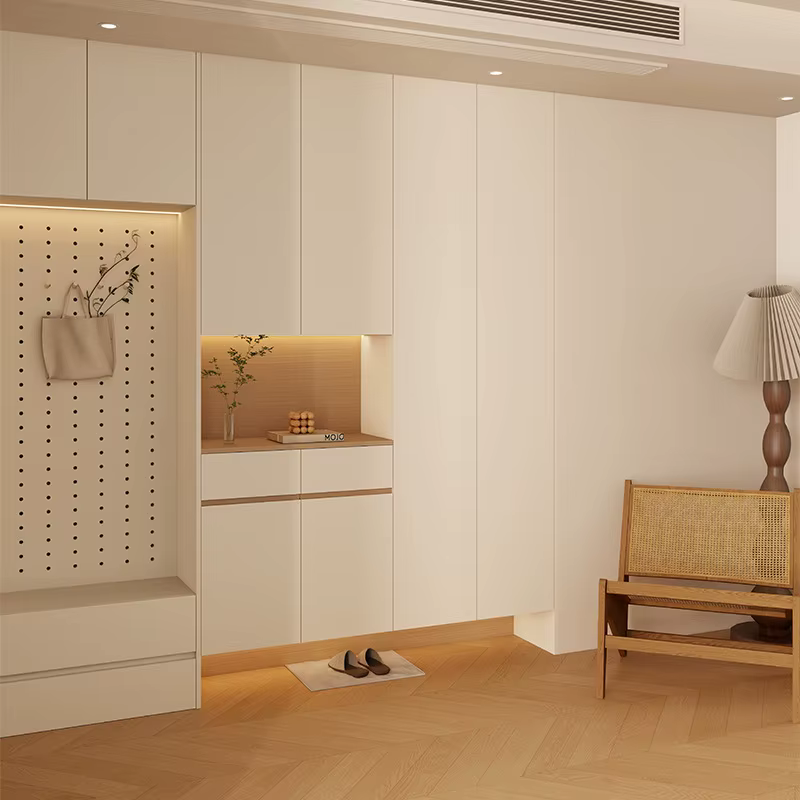 Armoire à chaussures d'entrée en bois crème, armoire d'entrée moderne, armoire de rangement sur pied en bois massif