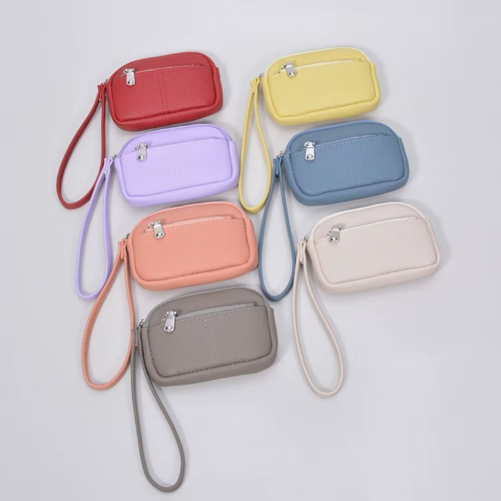 Mini portefeuille Portable en cuir PU pour femmes, sac de rangement de couleur unie, porte-monnaie pour étudiants, fermeture éclair, grande capacité, sac pour clés de poignet, à la mode