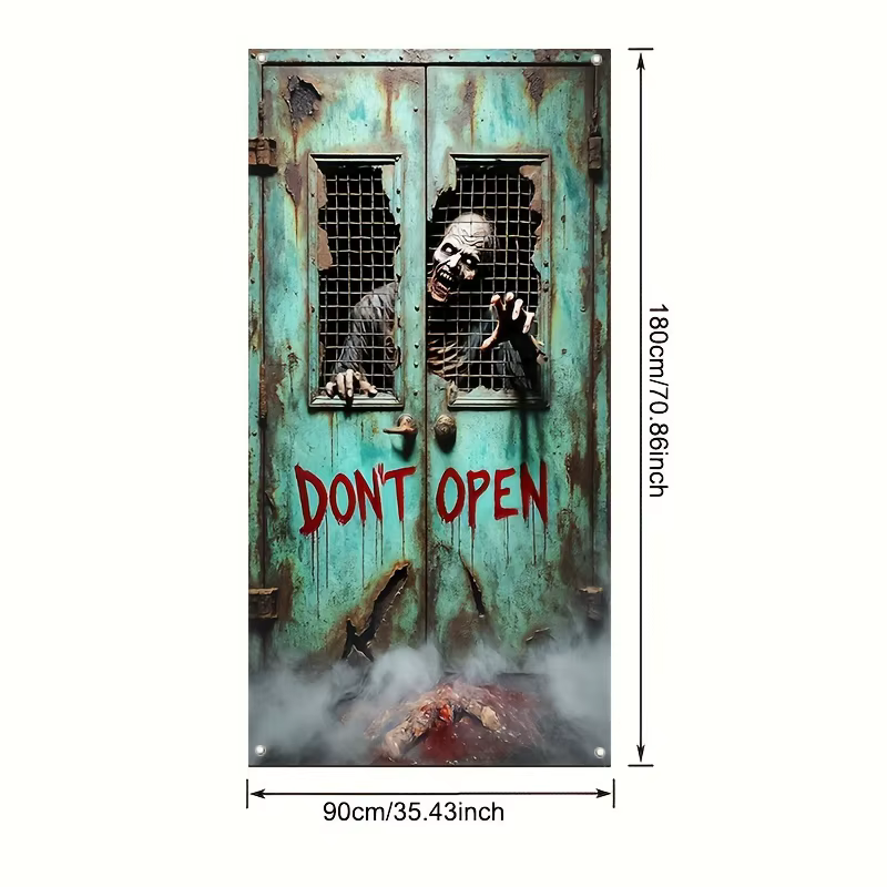 Bannière de porte 2D, 1 pièce, rideau de porte suspendu 2D/plat squelette d'horreur zombie "Ne pas ouvrir la porte", décoration de fête