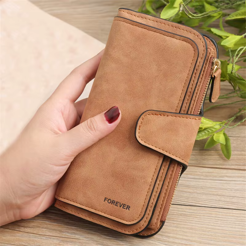 Portefeuille long en cuir brossé pour femme
