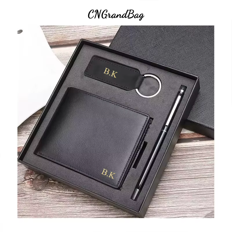 Portefeuille bifold pour homme en cuir véritable avec lettres personnalisées gratuites