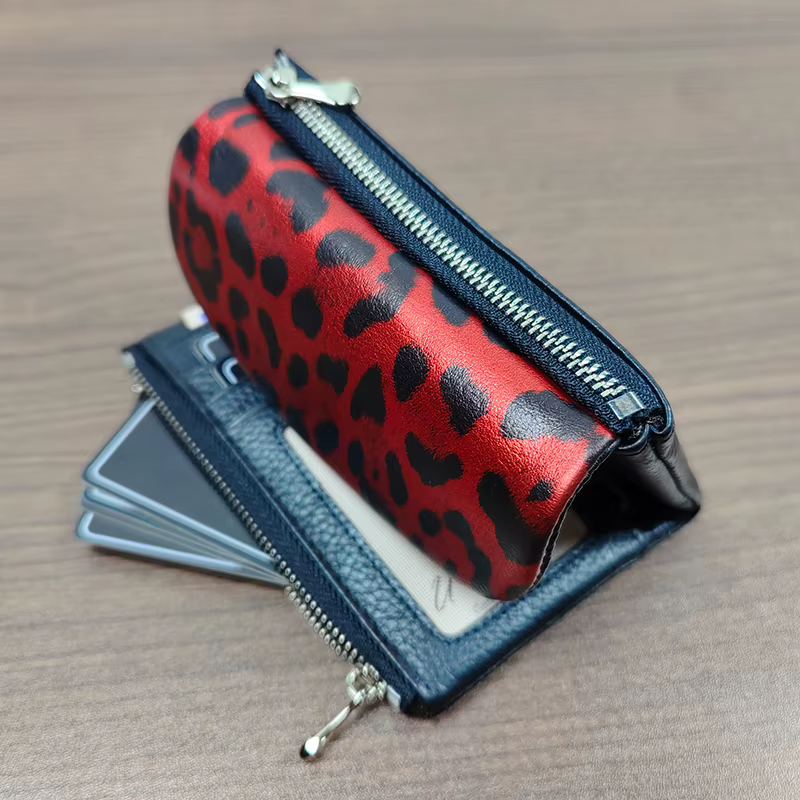 Portefeuille Organisateur Tendance en Cuir de Vachette Imprimé Léopard pour Femme