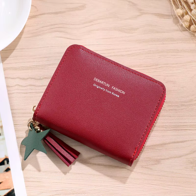 Petit portefeuille en cuir PU avec pompon pour femme