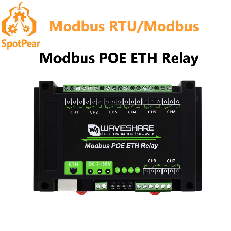 Module de relais Ethernet 8 canaux de qualité industrielle, Port PoE Ethernet, Communication, protocole Modbus, alimentation PoE, Waveshare