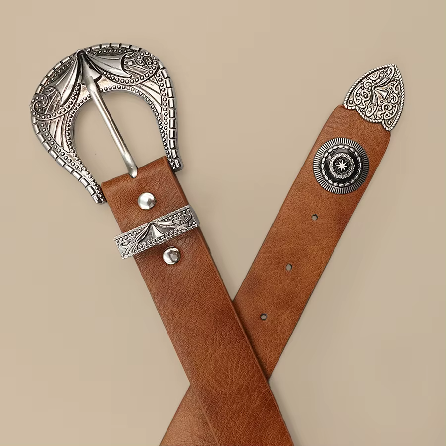 Ceinture femme vintage bohème marron – Design rivets sculptés
