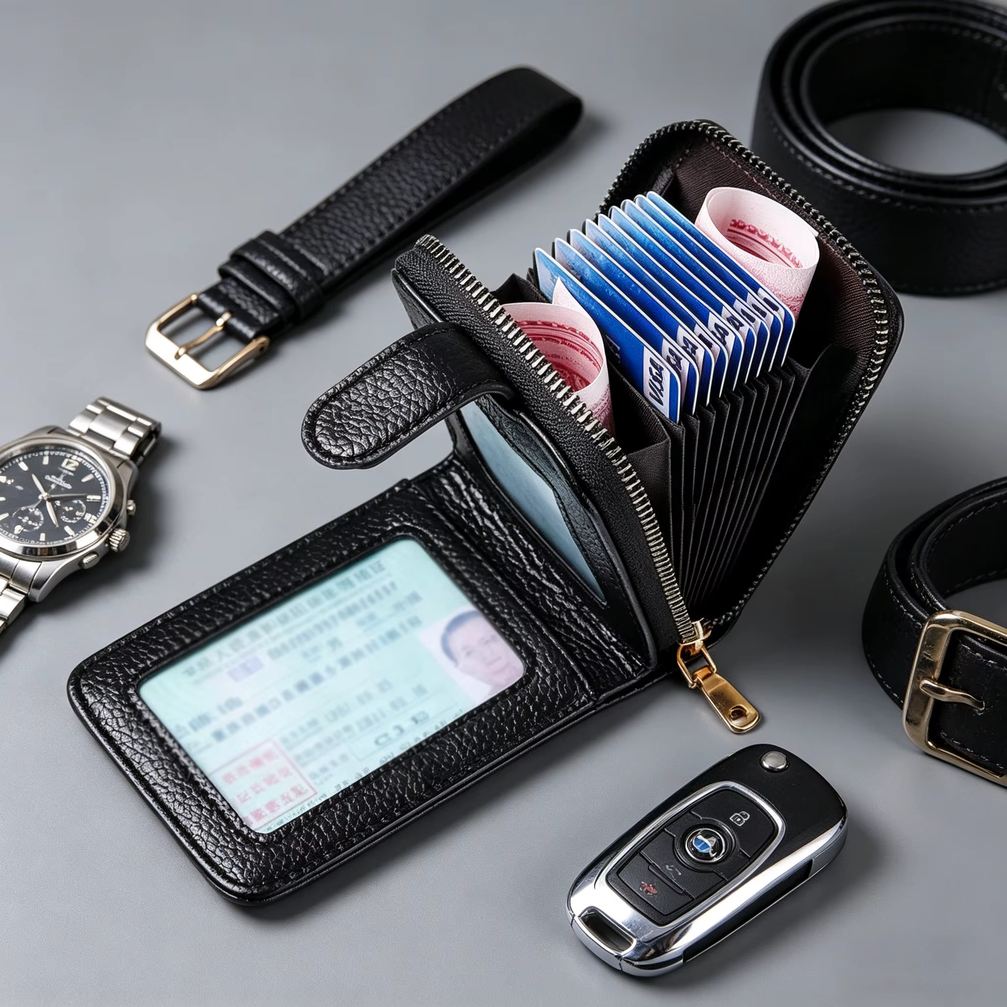 Portefeuille porte-cartes multifonction WERLLANDS en cuir PU grain litchi avec fermeture éclair et plusieurs emplacements pour cartes
