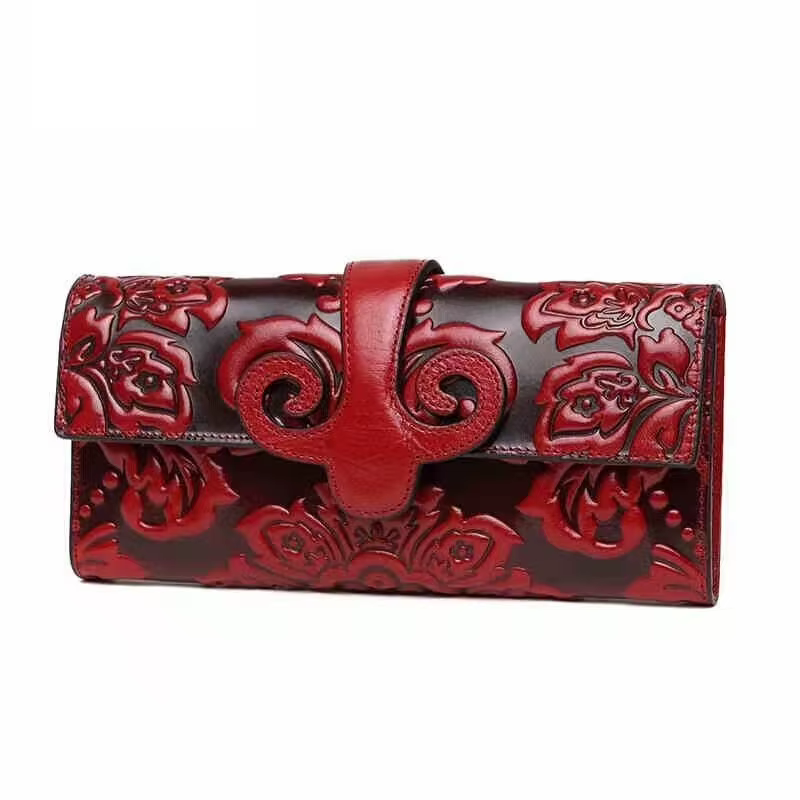 Portefeuille floral en cuir véritable pour femme