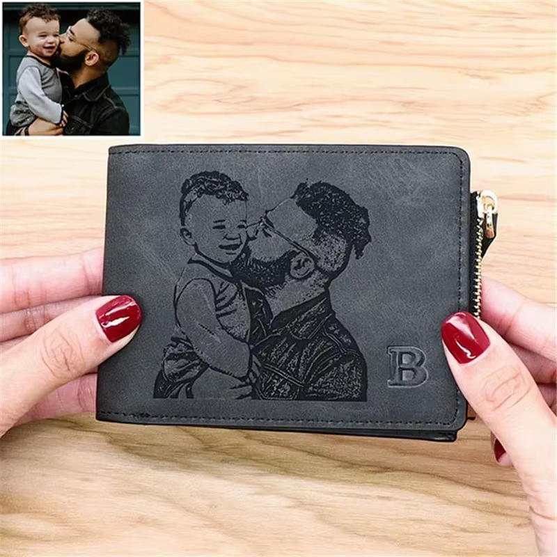 Portefeuille photo personnalisé pour hommes, image et texte gravés, cadeau de fête des pères, poche pour pièces de monnaie à fermeture éclair | Meilleur cadeau de Noël pour mari/pai