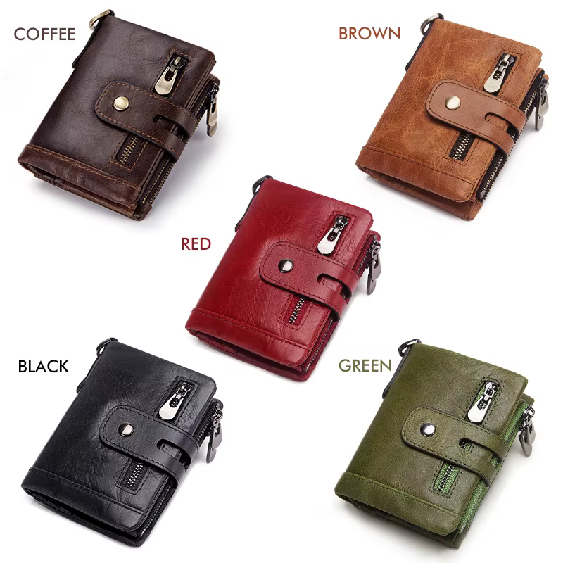 KAVIS portefeuille en cuir véritable pour hommes RFID blocage porte-carte sac à main court Double fermeture éclair monnaie poche mâle à deux volets chaîne Billetera